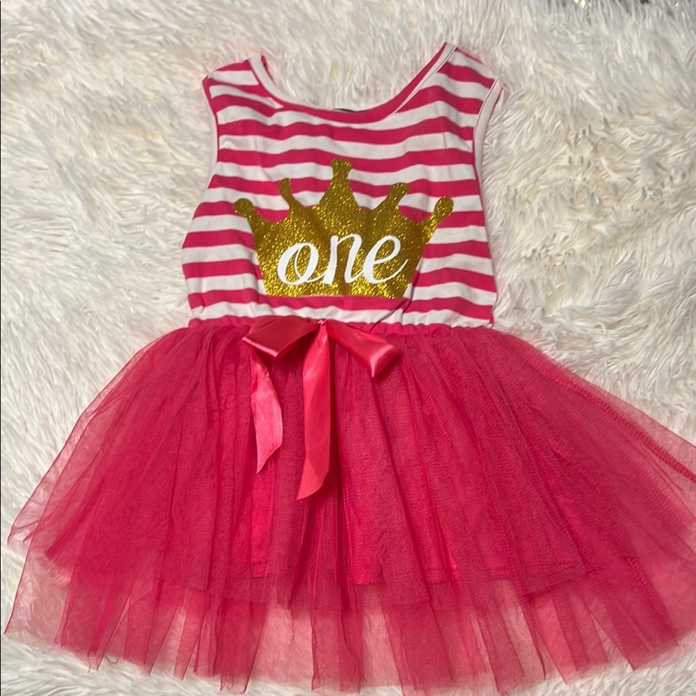 Pink Striped Birthday Dress with Gold Crown